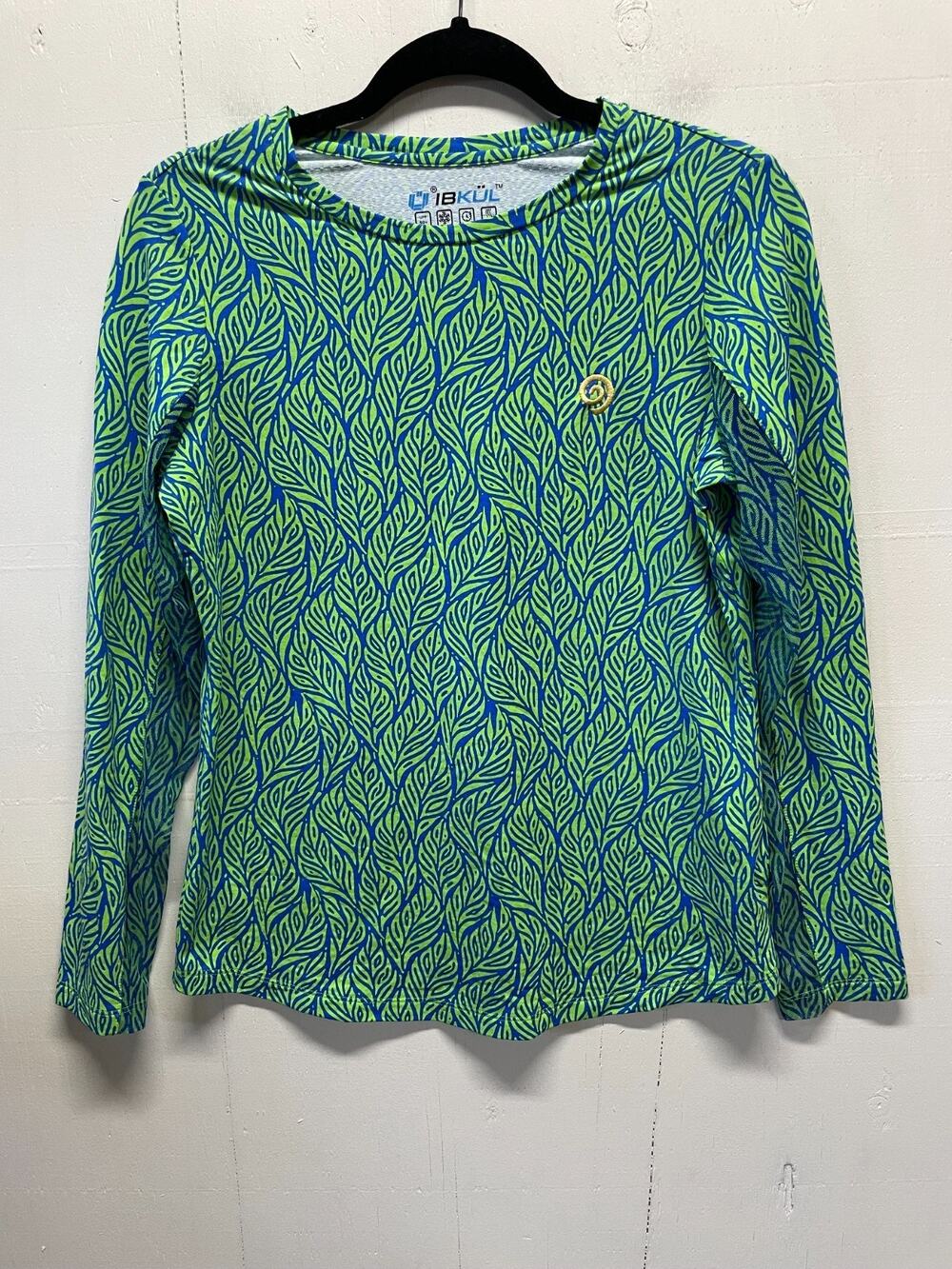 IBKUL Athletic L/S Top "Sally" Blue & Lime Green Leaf Print UPF 50+ Size Medium